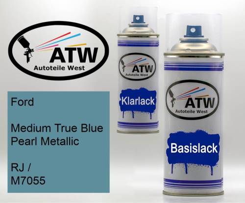 Ford, Medium True Blue Pearl Metallic, RJ / M7055: 400ml Sprühdose + 400ml Klarlack - Set, von ATW Autoteile West.